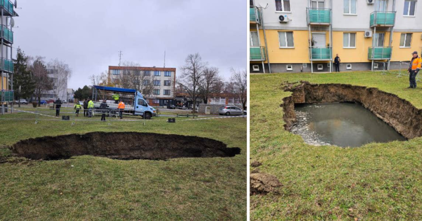 V blízkosti bytových domov v Galante sa prepadol obrovský kus zeminy. Mesto žiada občanov aby nevstupovali do ohradeného priestoru